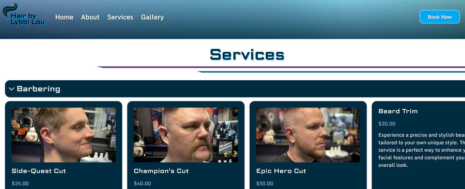 'Services' Section of Lybbi's New Website Screenshot of the "Services" section of Hair by Lybbi Lou's new website.