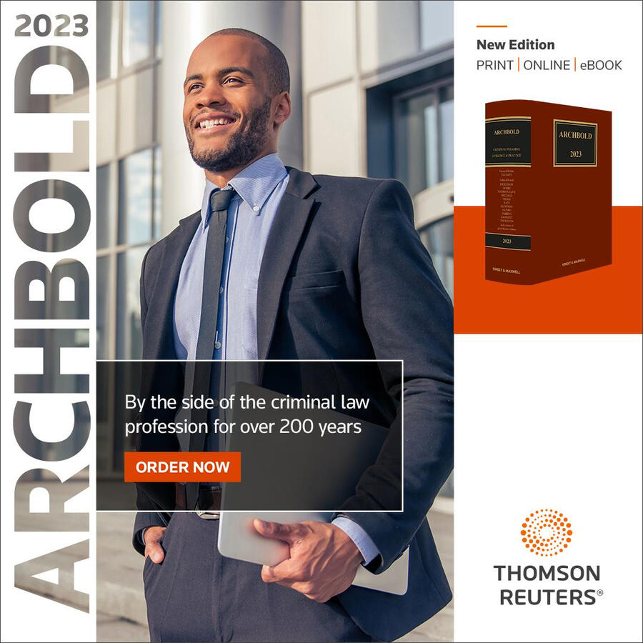 Archbold 2023 Digital Display Ad Full paid display advertisement promoting Archbold 2023 featuring a mid-30s legal professional leaving a law firm with white text that says "By the side of the criminal law profession for over 200 years" with the Thomson Reuters logo displayed in the botto